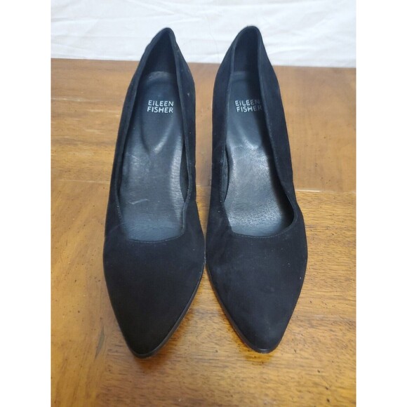 Eileen Fisher Hawk Black Suede Chunky Pump Heels Shoes Size 7.5 - Picture 2 of 9
